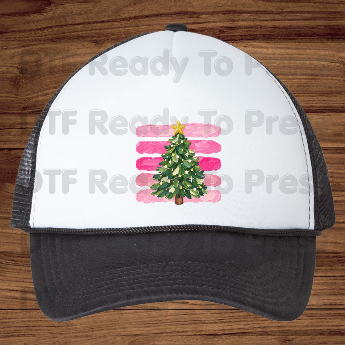 Christmas Tree DTF Transfers, Pink Brush Stripes Background Holiday Ready to Press