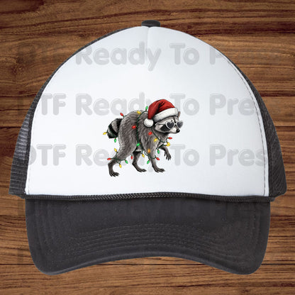 Christmas Raccoon DTF Transfers, Santa Hat Trash Panda Holiday Lights Ready to Press