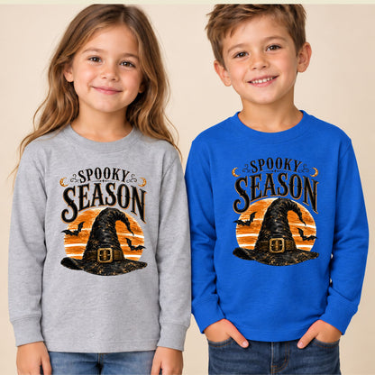 Spooky Season Vintage Witch Hat T-Shirt, Halloween Orange Moon Bats Tee for Toddler and Kids