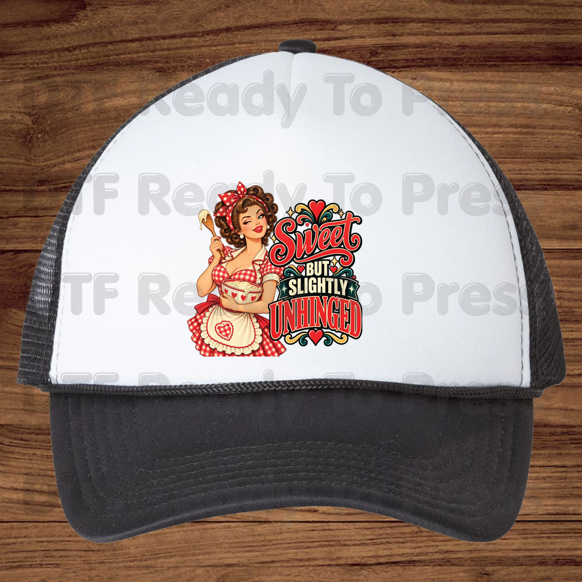 Retro DTF Transfer, Sweet but Slightly Unhinged Pinup Girl Baking Graphic