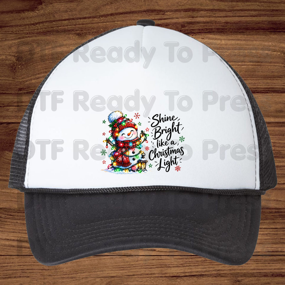 Shine Bright Christmas Snowman DTF Transfers, Holiday Lights Beanie Cute Winter Ready to Press