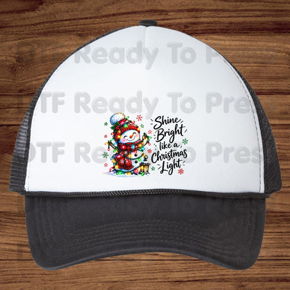 Shine Bright Christmas Snowman DTF Transfers, Holiday Lights Beanie Cute Winter Ready to Press
