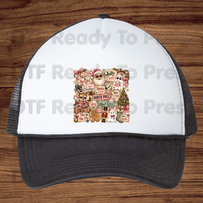 Cozy Pink Christmas Collage DTF Transfers, Santa Reindeer Gingerbread Nutcracker North Pole Holiday Ready to Press