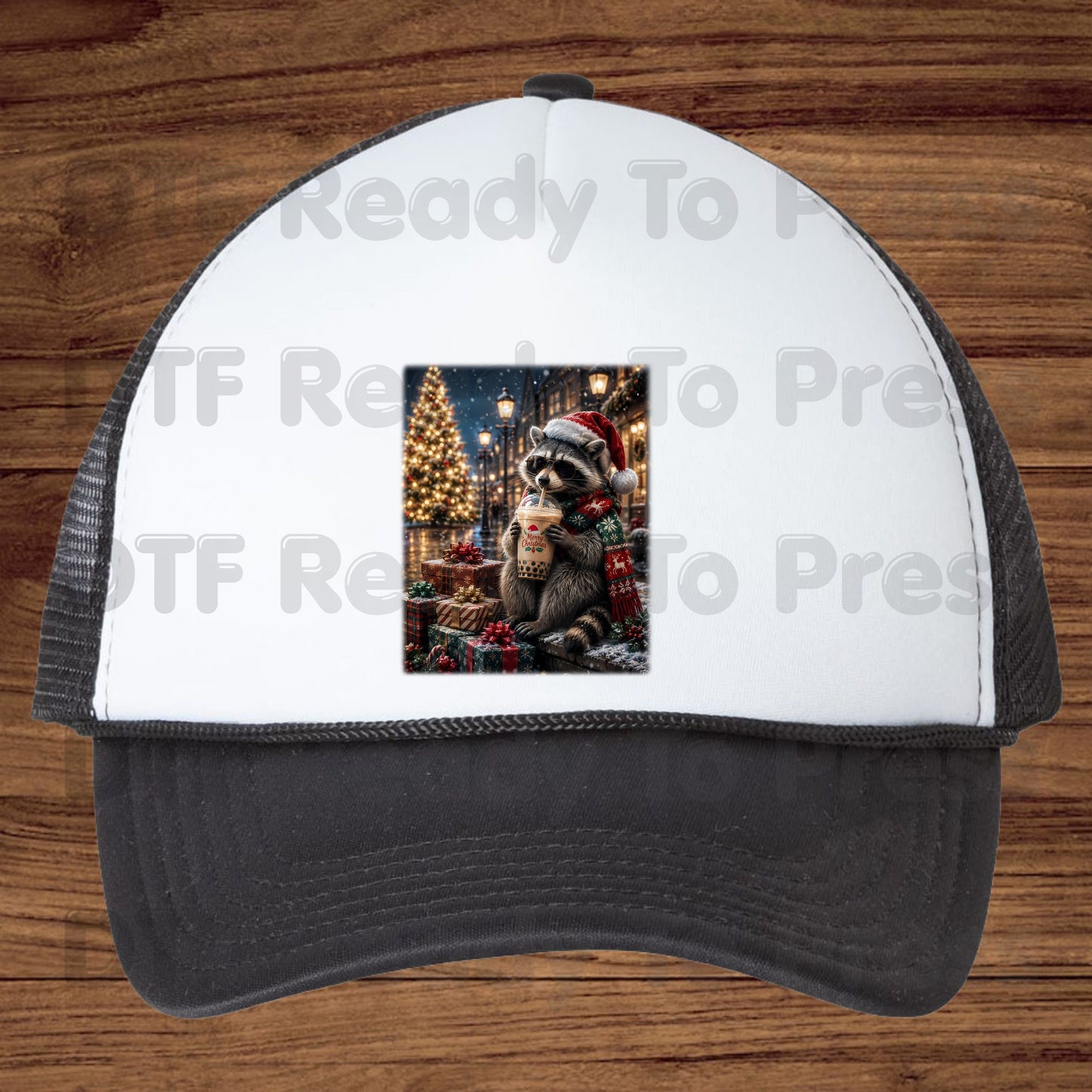 Christmas Raccoon DTF Transfers, Santa Hat Coffee Drink Cute Holiday Winter Ready to Press