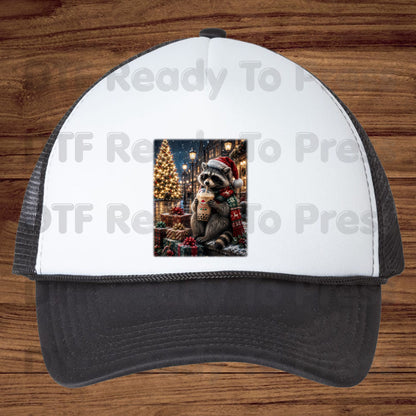 Christmas Raccoon DTF Transfers, Santa Hat Coffee Drink Cute Holiday Winter Ready to Press