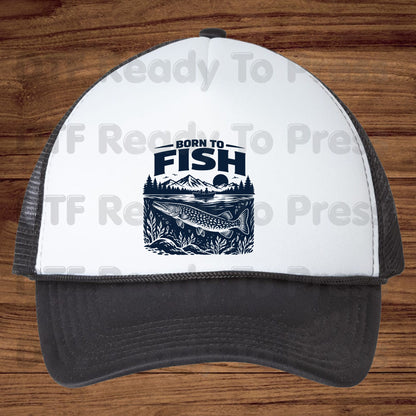 Born to Fish DTF Transfer, Fishing Boat, Mountain Lake Graphic