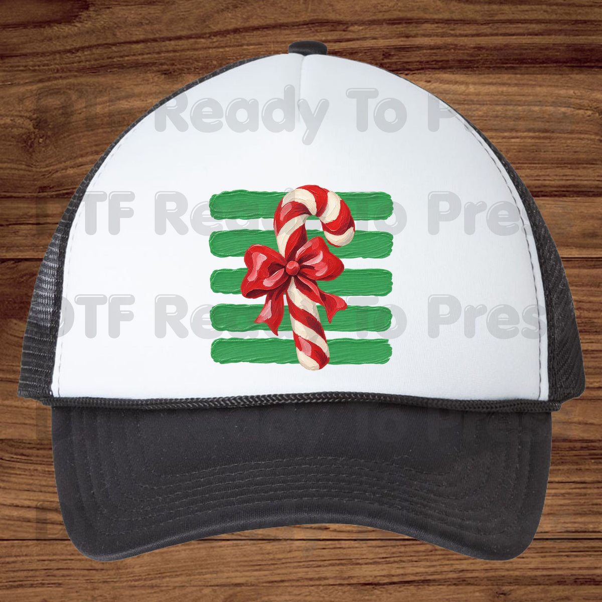 Candy Cane DTF Transfers, Red Bow Green Striped Background Vintage Christmas Holiday Ready to Press