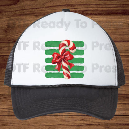 Candy Cane DTF Transfers, Red Bow Green Striped Background Vintage Christmas Holiday Ready to Press