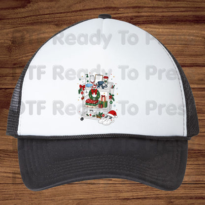 Christmas Nurse Cart DTF Transfers, Holiday Medical Wreath Stethoscope Graphic Ready to Press