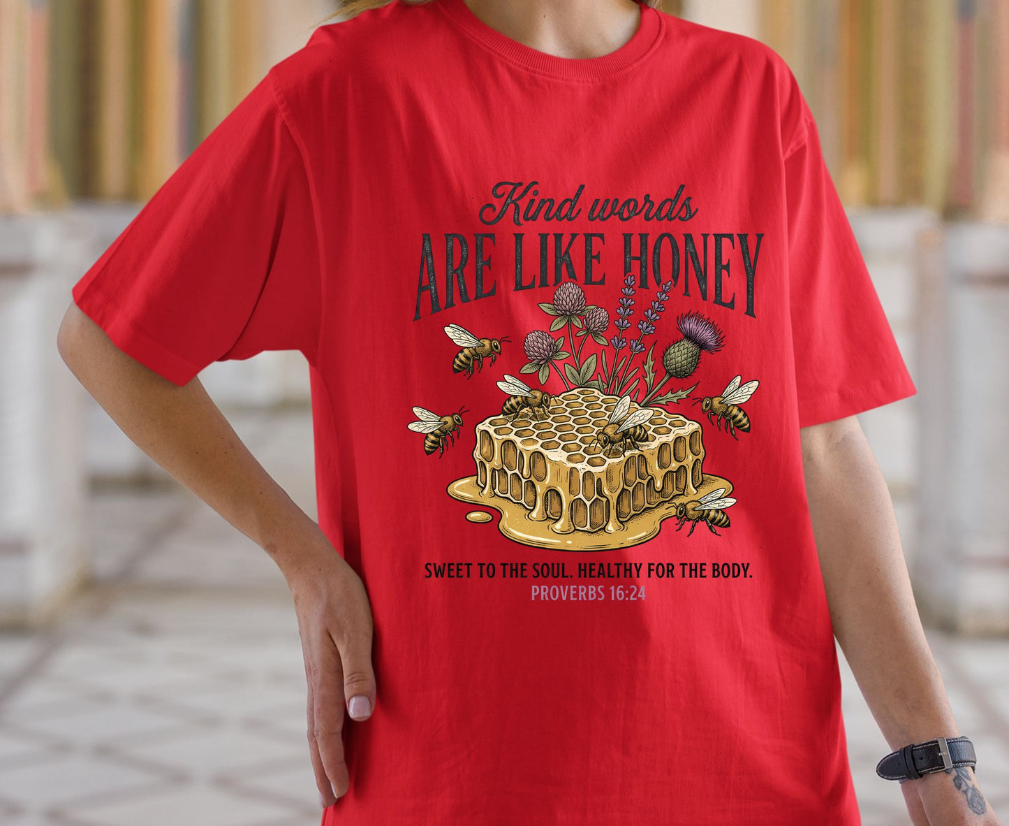 Kind Words Are Like Honey T Shirt Proverbs 16:24 Tee Christian Bee Honeycomb Shirt Religious Faith Gift Adult Youth Toddler Baby Apparel