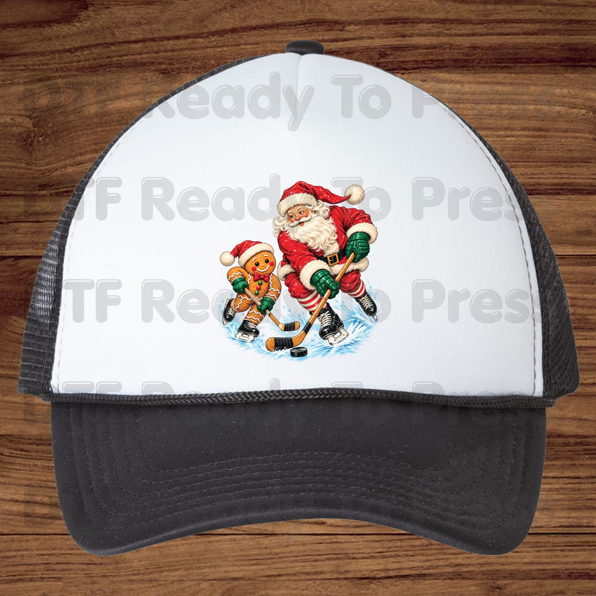 Christmas DTF Transfer, Santa and Gingerbread Man Playing Hockey, Holiday Sports Graphic