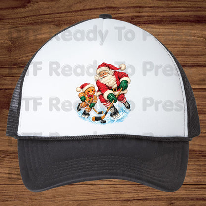 Christmas DTF Transfer, Santa and Gingerbread Man Playing Hockey, Holiday Sports Graphic