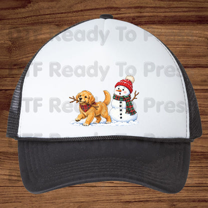 Christmas DTF Transfer, Golden Retriever Puppy with Snowman and Plaid Scarf