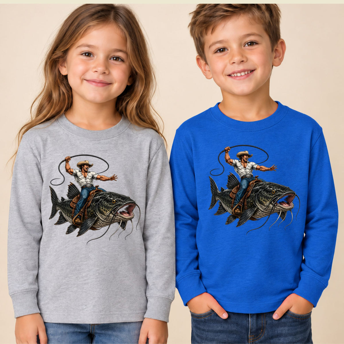 Cowboy Riding Catfish T-Shirt, Funny Fishing Rodeo Southern Graphic Tee for Toddler and Kids