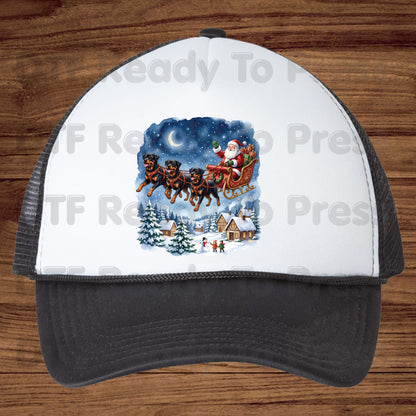 Christmas DTF Transfer, Santa Sleigh with Flying Rottweiler Dogs