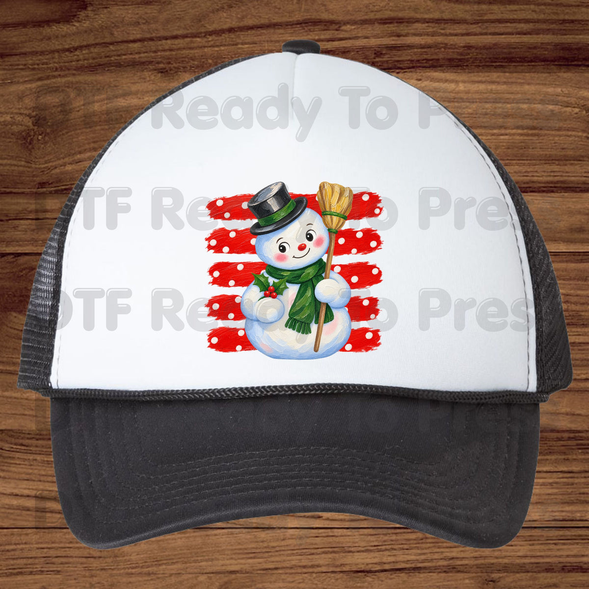 Vintage Snowman DTF Transfers, Top Hat Broom Red Polka Dot Christmas Holiday Ready to Press