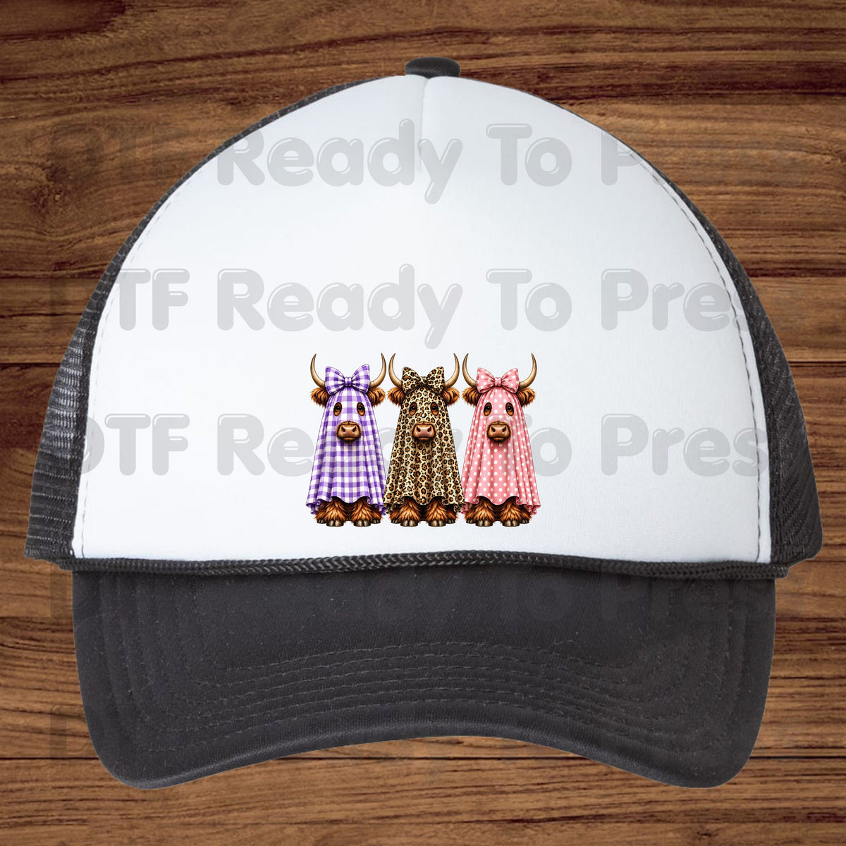 Highland Cow Ghost DTF Transfers, Halloween Spooky Cow Leopard Polka Dot Bow Ready to Press