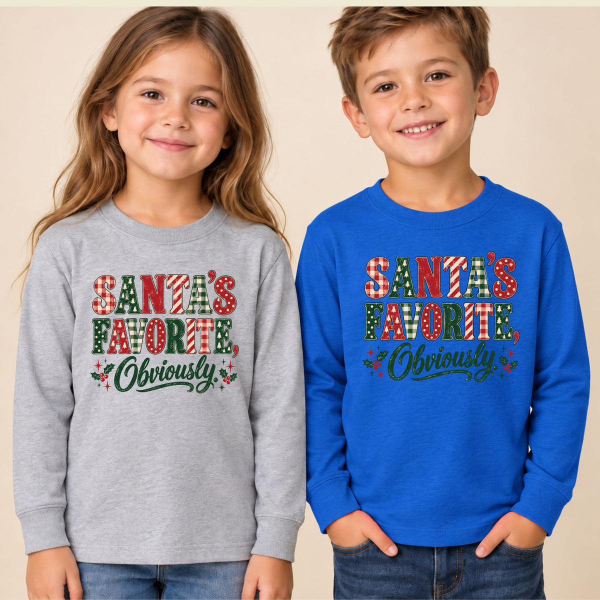 Santa’s Favorite T-Shirt, Funny Christmas Plaid Lettering and Holly Graphic Tee, Holiday Shirt