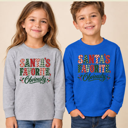 Santa’s Favorite T-Shirt, Funny Christmas Plaid Lettering and Holly Graphic Tee, Holiday Shirt
