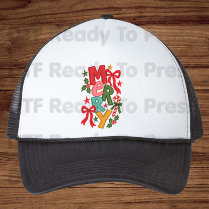 Christmas DTF Transfer, Merry Colorful Letters, Red Bow Candy Cane