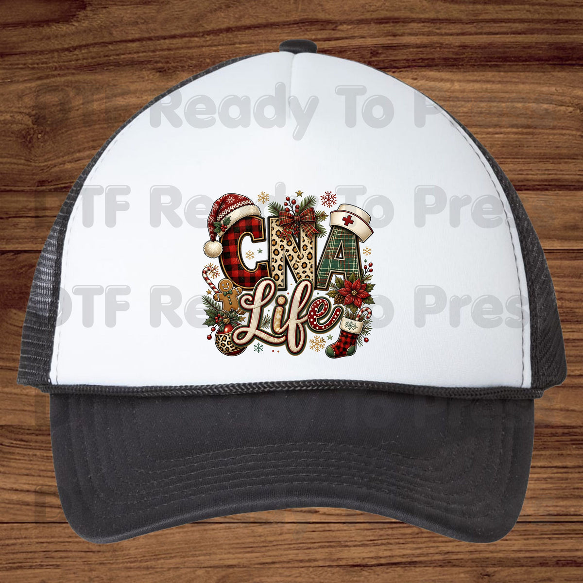 Christmas CNA Life DTF Transfers, Holiday Nurse Hat Plaid Leopard Medical Graphic Ready to Press