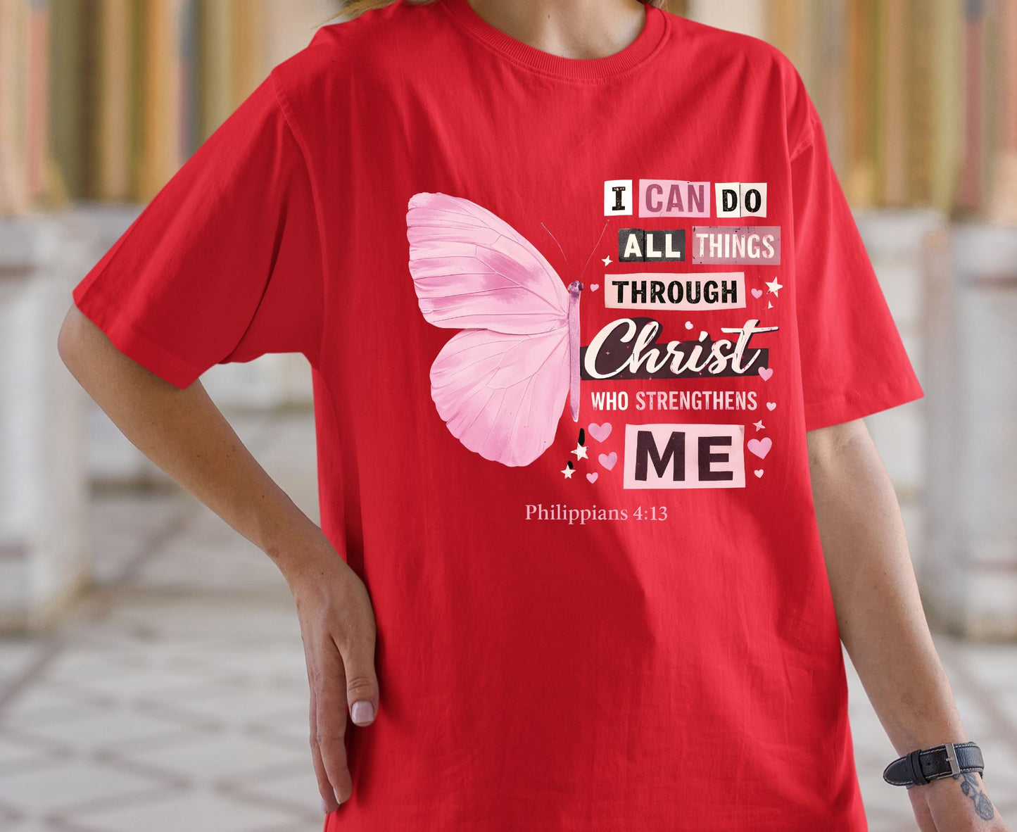 Philippians 4:13 T Shirt Pink Butterfly Tee I Can Do All Things Through Christ Shirt Religious Faith Gift Adult Youth Toddler Baby Church Outfit