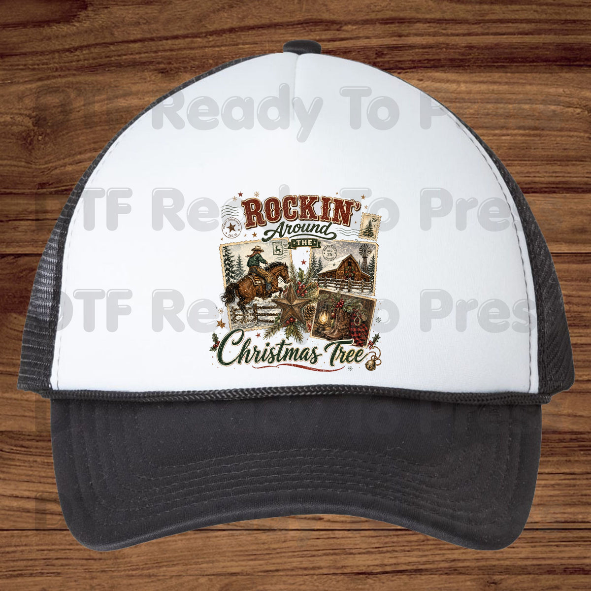 Rockin Around Christmas Tree DTF Transfers, Western Cowboy Barn Country Holiday Ready to Press