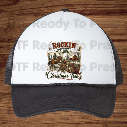 Rockin Around Christmas Tree DTF Transfers, Western Cowboy Barn Country Holiday Ready to Press