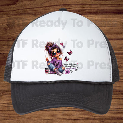 Shine Differently DTF Transfers, Purple Messy Bun Girl Butterfly Coffee Quote Ready to Press