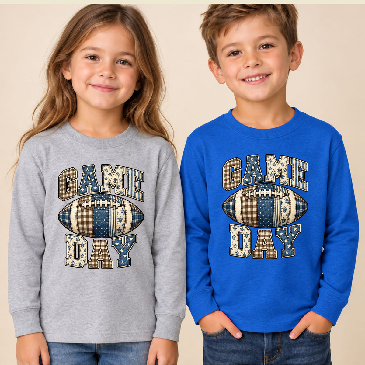 Game Day Football T-Shirt, Blue Plaid Patchwork Tee for Toddler and Kids