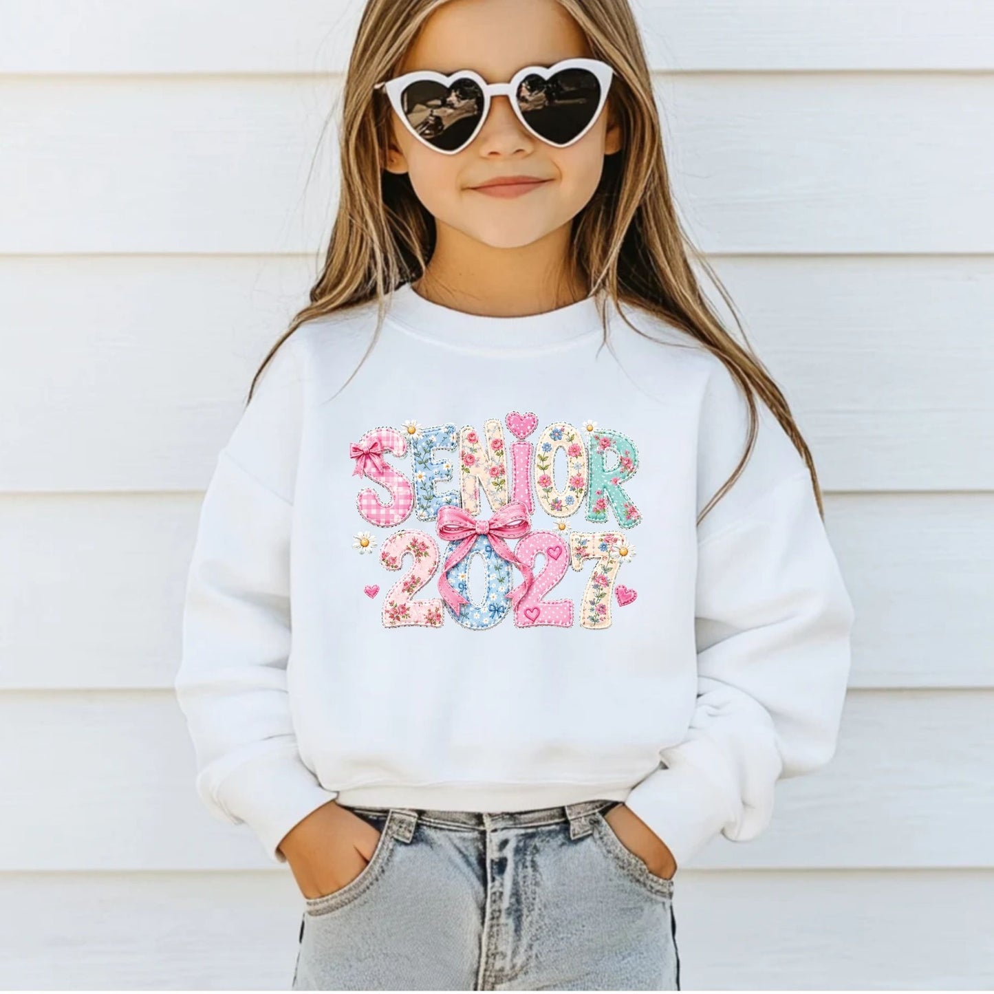 Senior 2027 DTF Transfer Ready to Press Graduation Heat Transfer for Shirts Floral Patchwork Quilted Pink Bow Coquette Graphic Tee