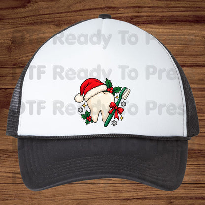Christmas Tooth Santa Hat DTF Transfers, Dental Holiday Toothbrush Dentist Graphic Ready to Press