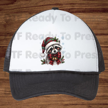 Christmas DTF Transfer, Raccoon Santa Hat, Buffalo Plaid Bow and Bells Graphic