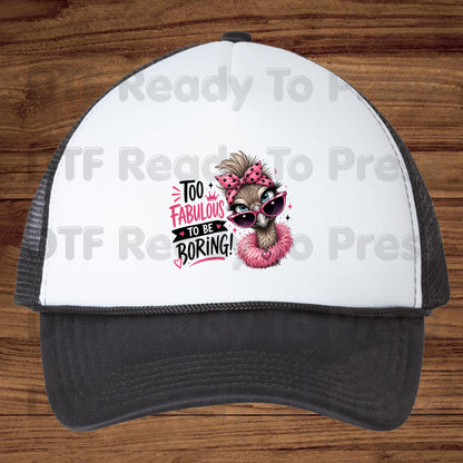 Funny Ostrich DTF Transfers, Too Fabulous to Be Boring Sassy Emu Pink Bow Sunglasses Feather Boa Ready to Press