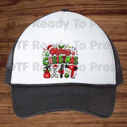 Merry Christmas Hairstylist DTF Transfers, Salon Holiday Scissors Hair Dryer Hairdresser Ready to Press