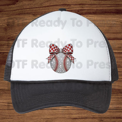 Coquette Baseball DTF Transfers, Sparkle Baseball Red Checkered Bow Sports Mom Girl Ready to Press