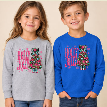 Pink Christmas Tree T-Shirt, Holly Jolly Bow and Snowflake Graphic Tee, Cute Holiday Shirt