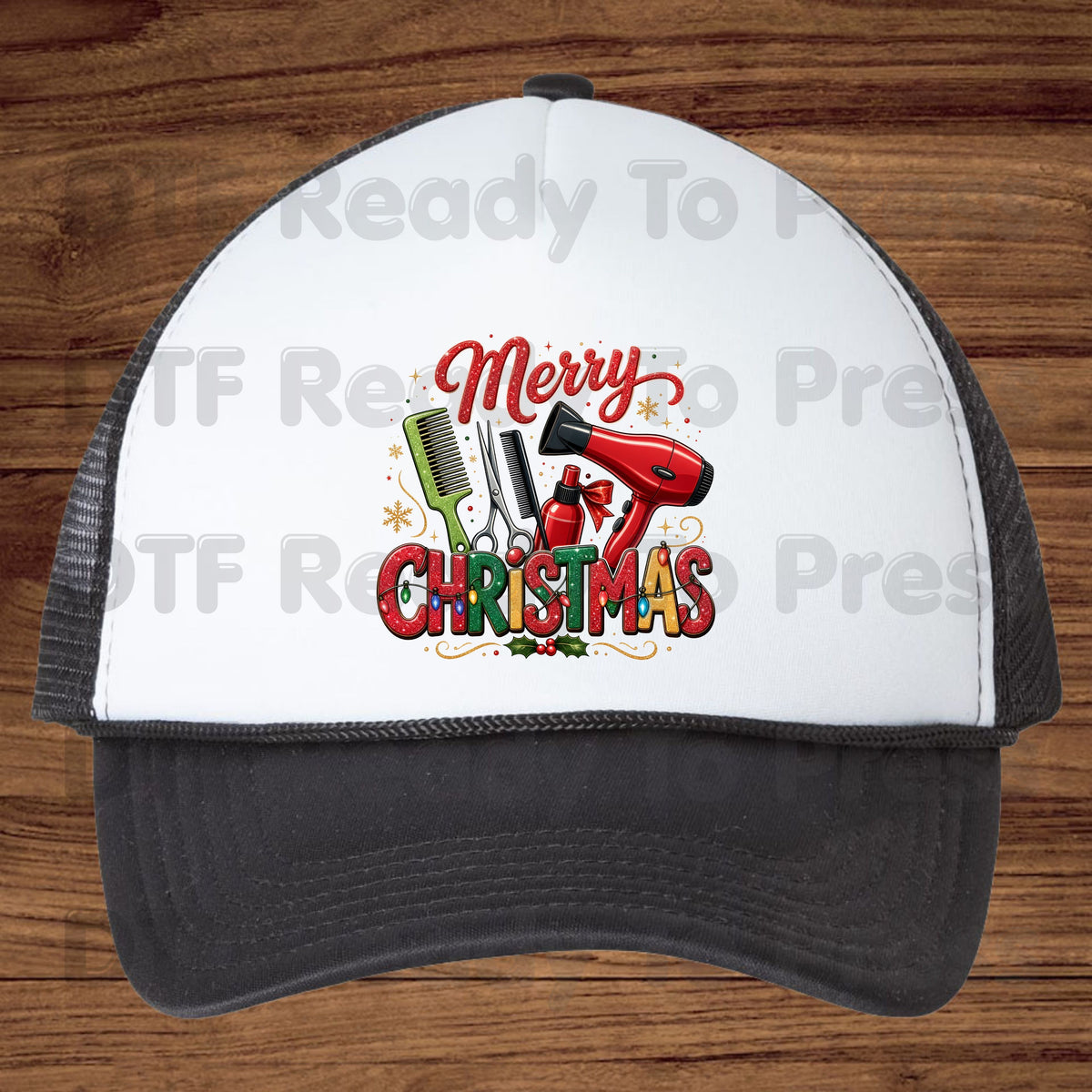 Merry Christmas Hairstylist DTF Transfers, Salon Scissors Dryer Comb Holiday Ready to Press