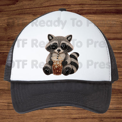 Cool Raccoon DTF Transfers, Sunglasses Iced Coffee Trash Panda Rhinestone Ready to Press