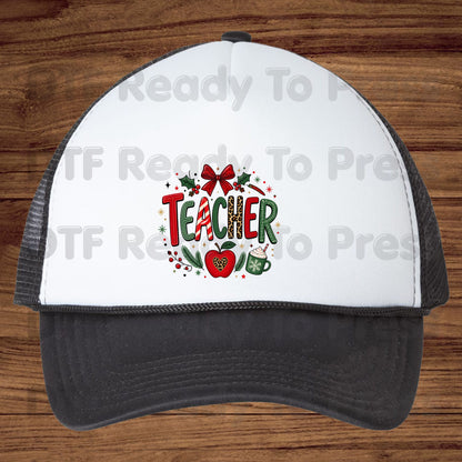 Christmas Teacher DTF Transfers, School Red Bow Apple Cocoa Leopard Holiday Ready to Press