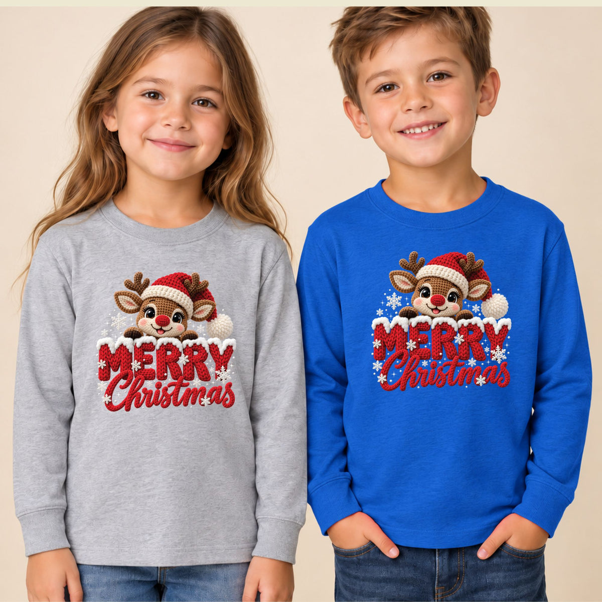 Cute Reindeer Christmas T-Shirt, Santa Hat Knitted Lettering Tee, Cozy Holiday Sweatshirt