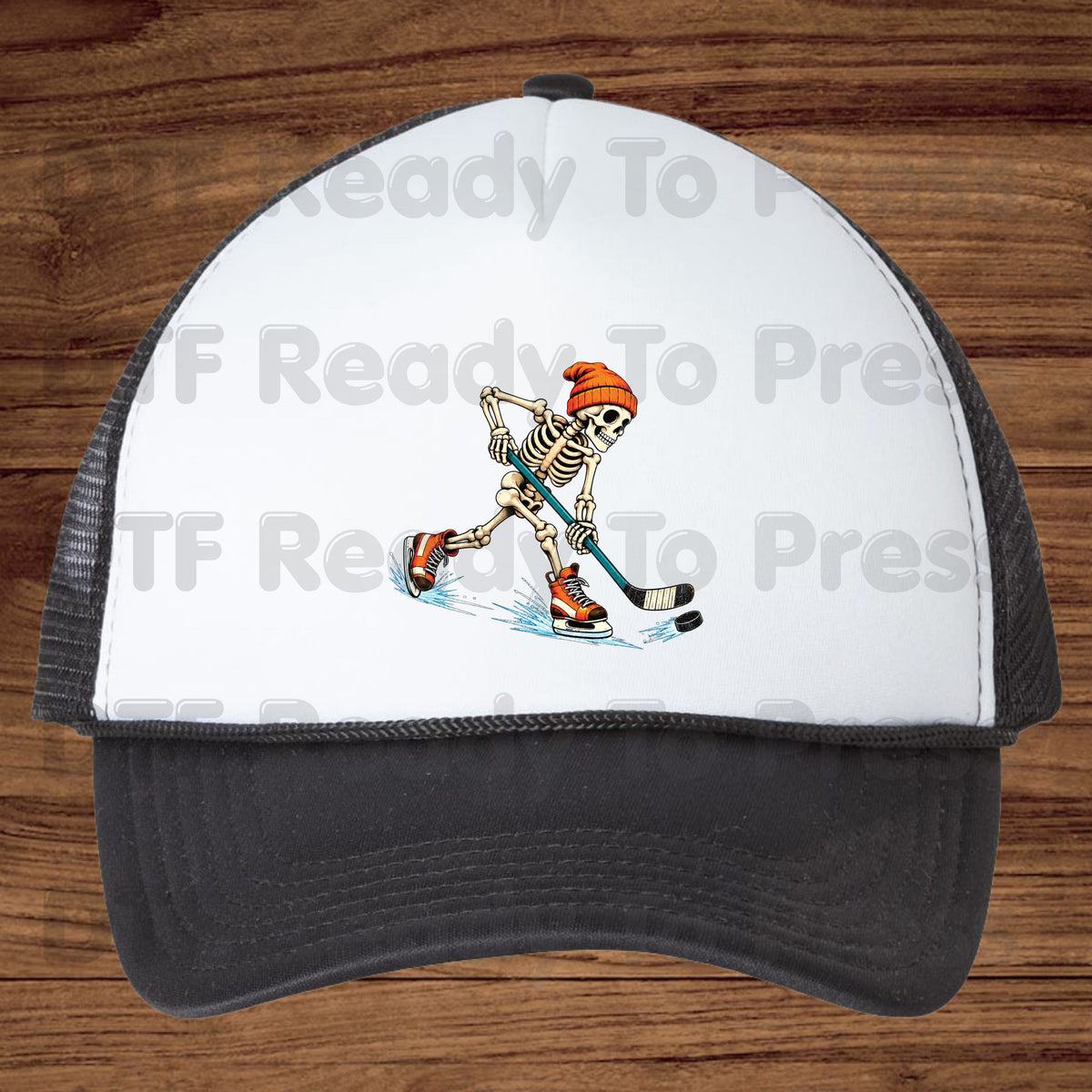 Hockey DTF Transfer, Skeleton in Beanie with Skates, Stick and Puck Graphic