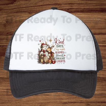 Kind Days Cozy Nights DTF Transfers, Snowman Reindeer Cute Christmas Holiday Ready to Press