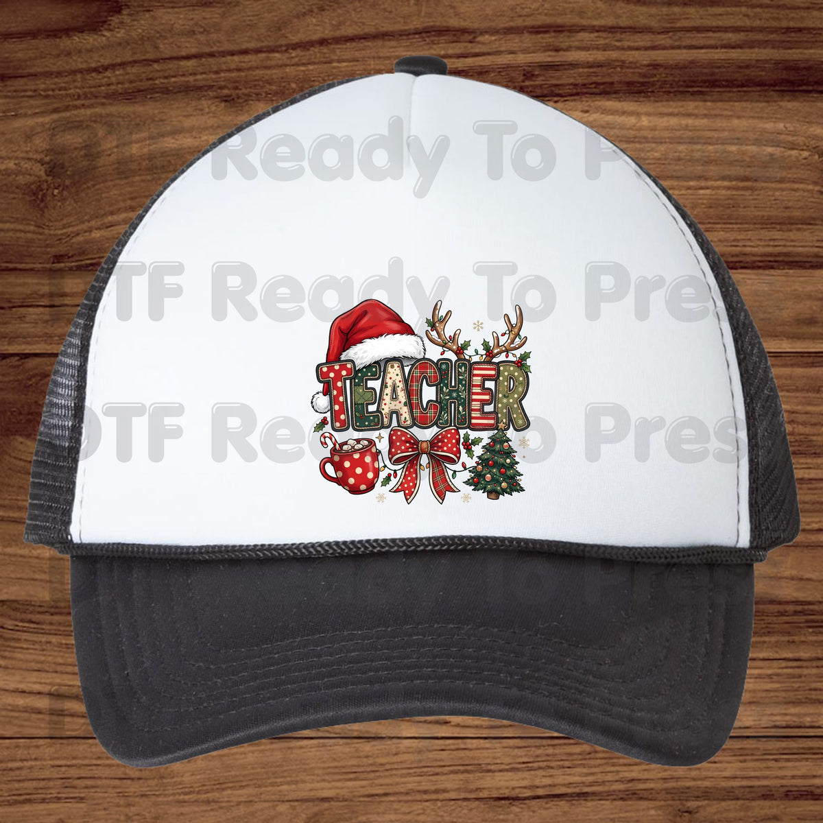 Christmas Teacher Santa Hat DTF Transfers, Holiday School Cocoa Tree Bow Graphic Ready to Press