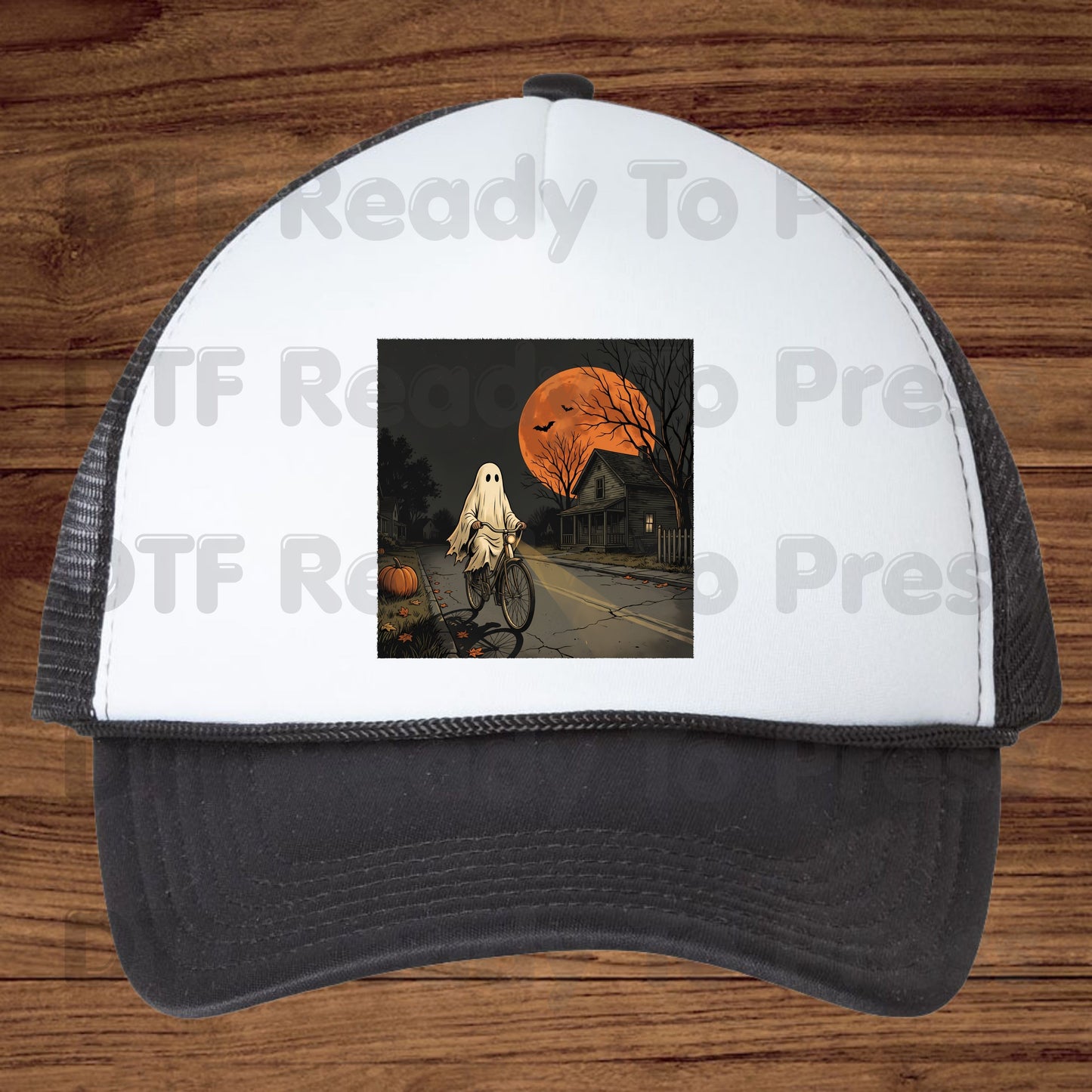 Ghost Riding Bike DTF Transfers, Orange Harvest Moon Haunted House Halloween Ready to Press