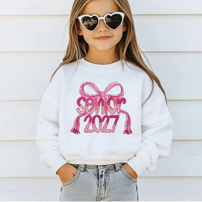 Senior 2027 DTF Transfer Ready to Press Graduation Heat Transfer for Shirts Pink Quilted Stitch Bow Patch Graphic Tee