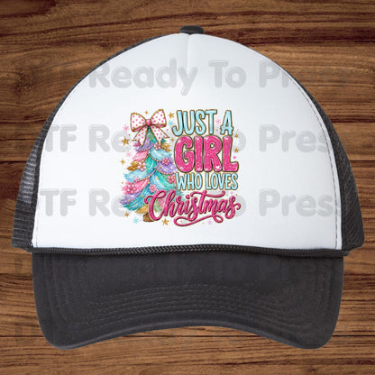 Just A Girl Who Loves Christmas DTF Transfer Ready to Press Colorful Tree Bow Heat Transfer For Shirts Pink Xmas Glitter Glam Holiday Print