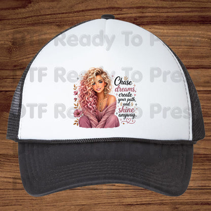 Chase Dreams DTF Transfers, Inspirational Blonde Girl Pink Boho Quote Ready to Press