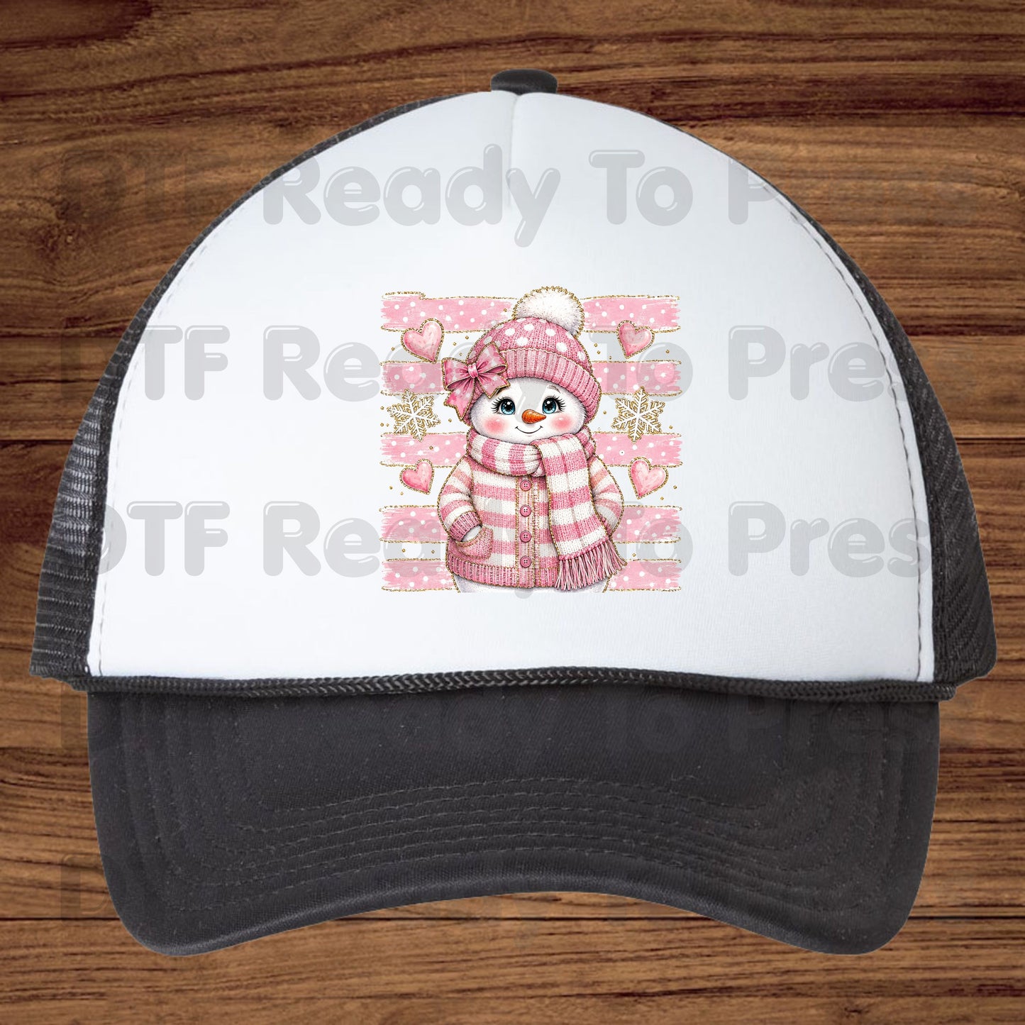 Cute Pink Snowgirl DTF Transfers, Winter Snowman Beanie Bow Pink Stripes Hearts Ready to Press