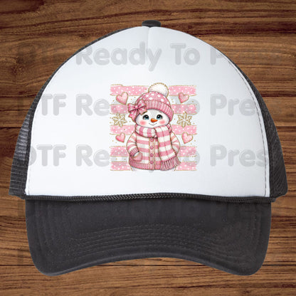 Cute Pink Snowgirl DTF Transfers, Winter Snowman Beanie Bow Pink Stripes Hearts Ready to Press